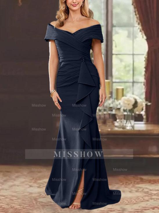 Off-the-Shoulder Ruffled Floor-Length Sheath Dress for the Mother of the Bride