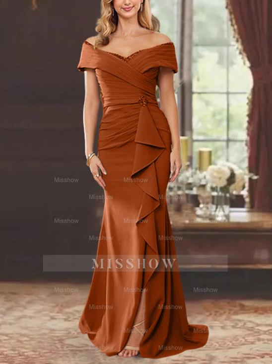 Off-the-Shoulder Ruffled Floor-Length Sheath Dress for the Mother of the Bride
