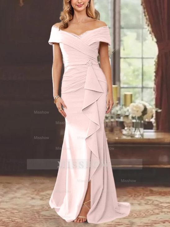 Off-the-Shoulder Ruffled Floor-Length Sheath Dress for the Mother of the Bride