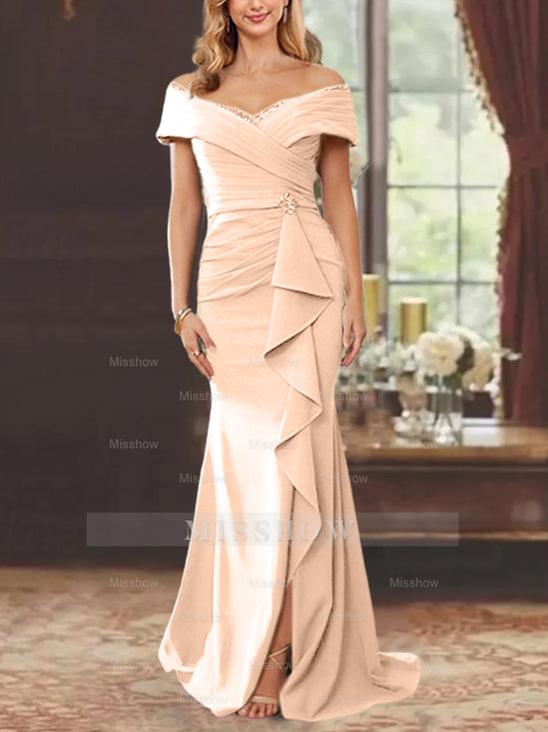 Off-the-Shoulder Ruffled Floor-Length Sheath Dress for the Mother of the Bride
