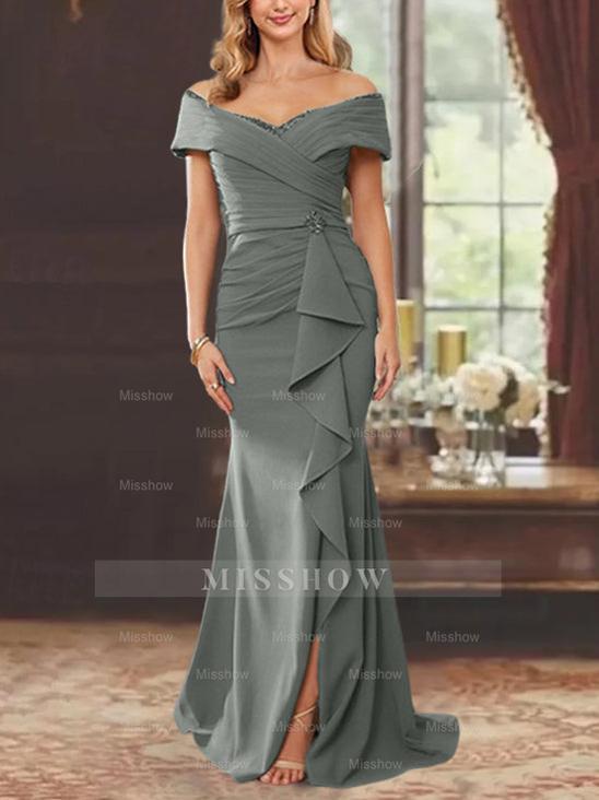 Off-the-Shoulder Ruffled Floor-Length Sheath Dress for the Mother of the Bride