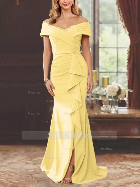 Off-the-Shoulder Ruffled Floor-Length Sheath Dress for the Mother of the Bride