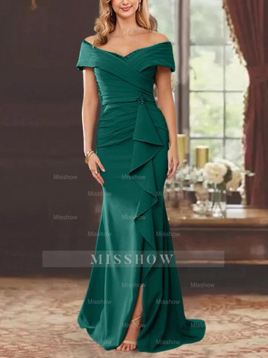 Off-the-Shoulder Ruffled Floor-Length Sheath Dress for the Mother of the Bride