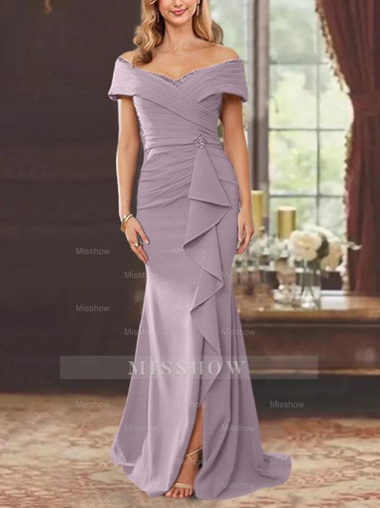 Off-the-Shoulder Ruffled Floor-Length Sheath Dress for the Mother of the Bride