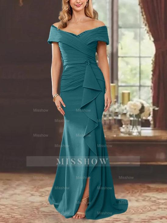 Off-the-Shoulder Ruffled Floor-Length Sheath Dress for the Mother of the Bride