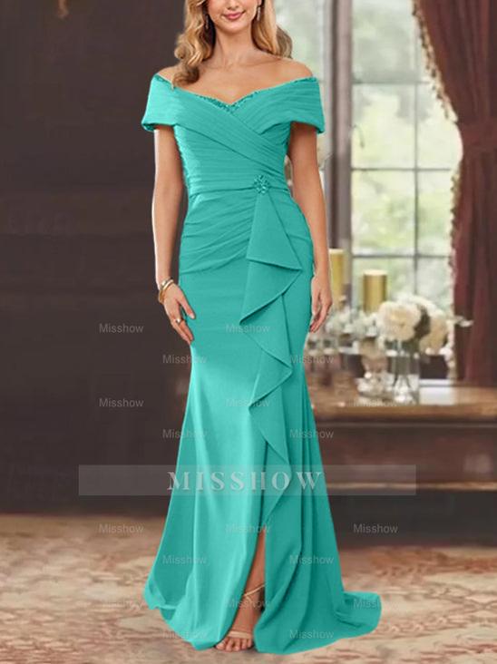 Off-the-Shoulder Ruffled Floor-Length Sheath Dress for the Mother of the Bride