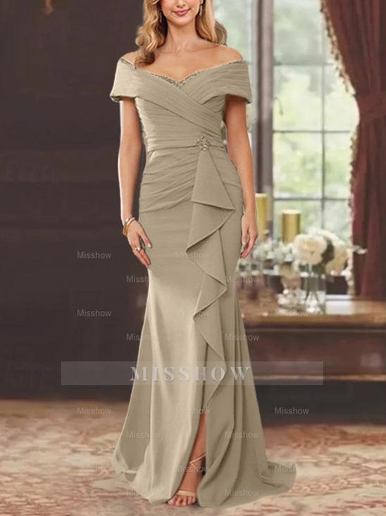 Off-the-Shoulder Ruffled Floor-Length Sheath Dress for the Mother of the Bride