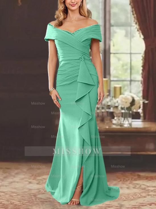 Off-the-Shoulder Ruffled Floor-Length Sheath Dress for the Mother of the Bride