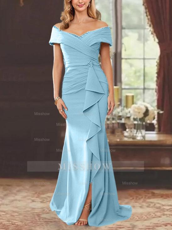 Off-the-Shoulder Ruffled Floor-Length Sheath Dress for the Mother of the Bride