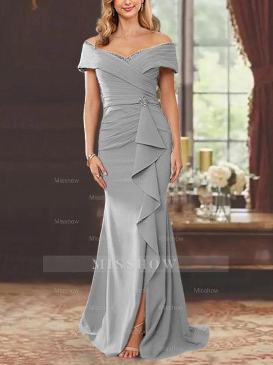 Off-the-Shoulder Ruffled Floor-Length Sheath Dress for the Mother of the Bride