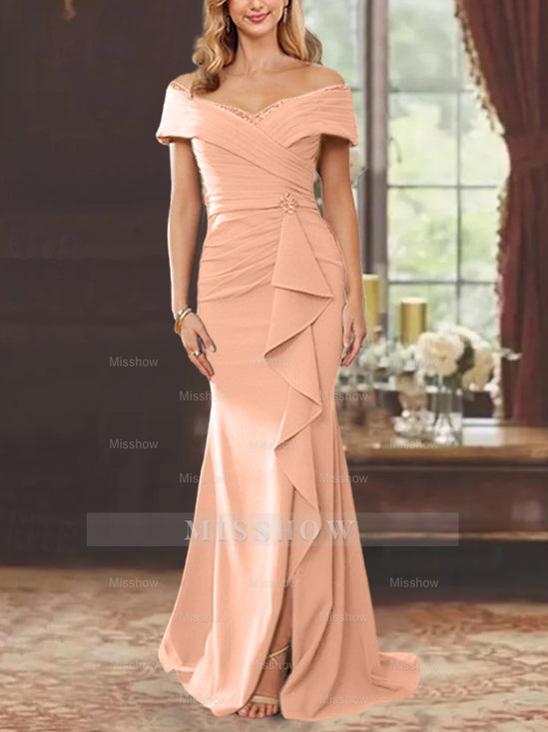 Off-the-Shoulder Ruffled Floor-Length Sheath Dress for the Mother of the Bride