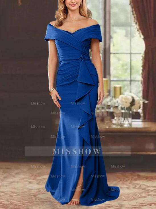 Off-the-Shoulder Ruffled Floor-Length Sheath Dress for the Mother of the Bride
