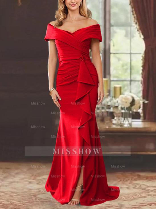 Off-the-Shoulder Ruffled Floor-Length Sheath Dress for the Mother of the Bride