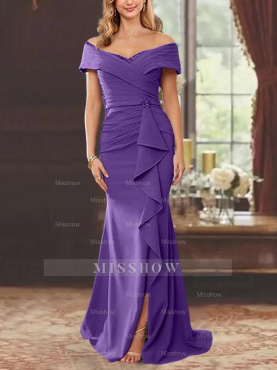 Off-the-Shoulder Ruffled Floor-Length Sheath Dress for the Mother of the Bride