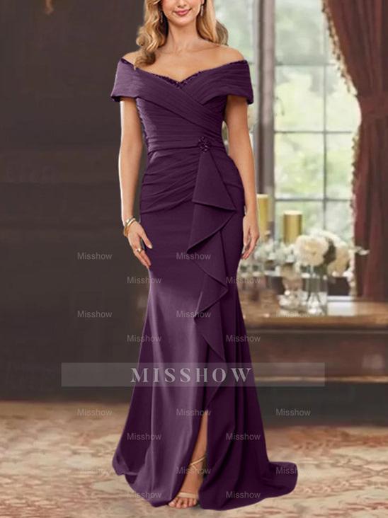 Off-the-Shoulder Ruffled Floor-Length Sheath Dress for the Mother of the Bride