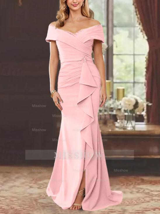 Off-the-Shoulder Ruffled Floor-Length Sheath Dress for the Mother of the Bride