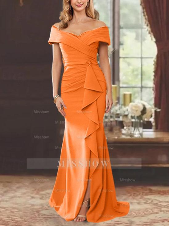 Off-the-Shoulder Ruffled Floor-Length Sheath Dress for the Mother of the Bride