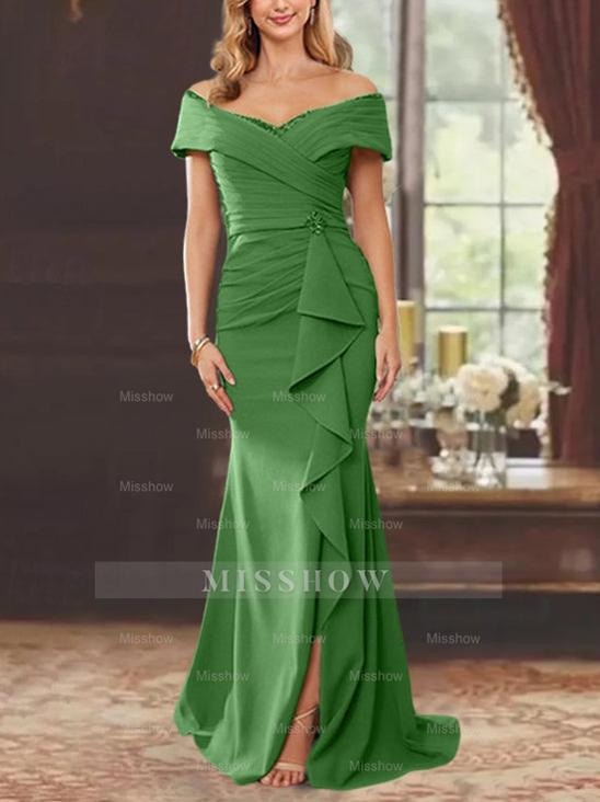 Off-the-Shoulder Ruffled Floor-Length Sheath Dress for the Mother of the Bride
