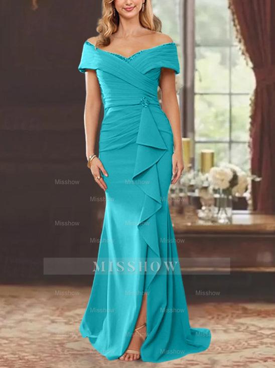 Off-the-Shoulder Ruffled Floor-Length Sheath Dress for the Mother of the Bride