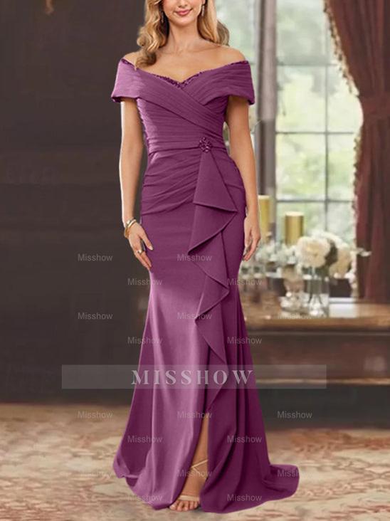 Off-the-Shoulder Ruffled Floor-Length Sheath Dress for the Mother of the Bride