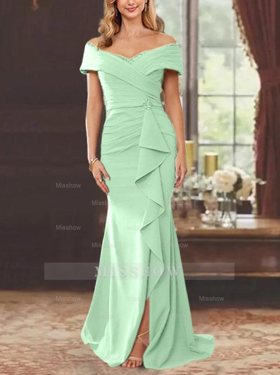 Off-the-Shoulder Ruffled Floor-Length Sheath Dress for the Mother of the Bride