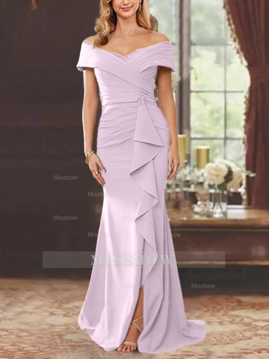 Off-the-Shoulder Ruffled Floor-Length Sheath Dress for the Mother of the Bride
