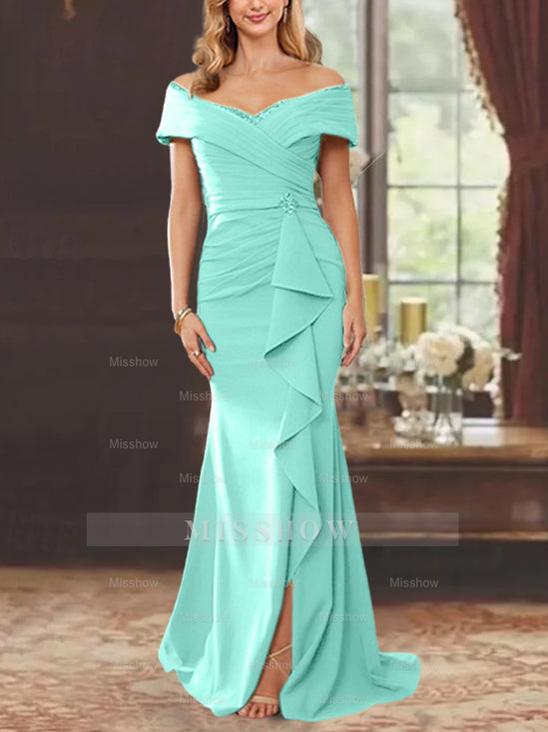 Off-the-Shoulder Ruffled Floor-Length Sheath Dress for the Mother of the Bride
