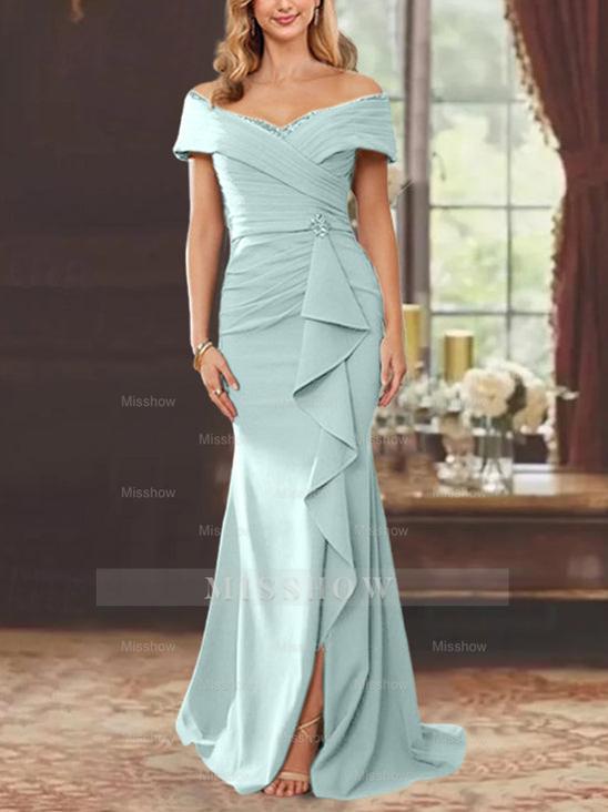 Off-the-Shoulder Ruffled Floor-Length Sheath Dress for the Mother of the Bride