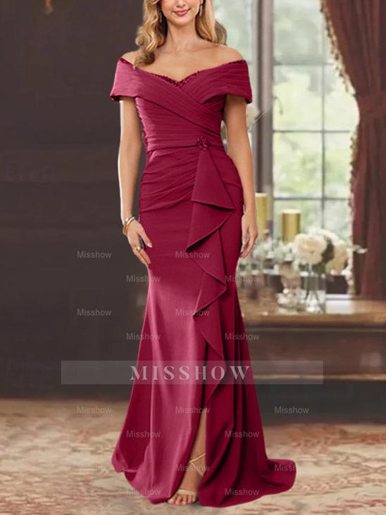 Off-the-Shoulder Ruffled Floor-Length Sheath Dress for the Mother of the Bride