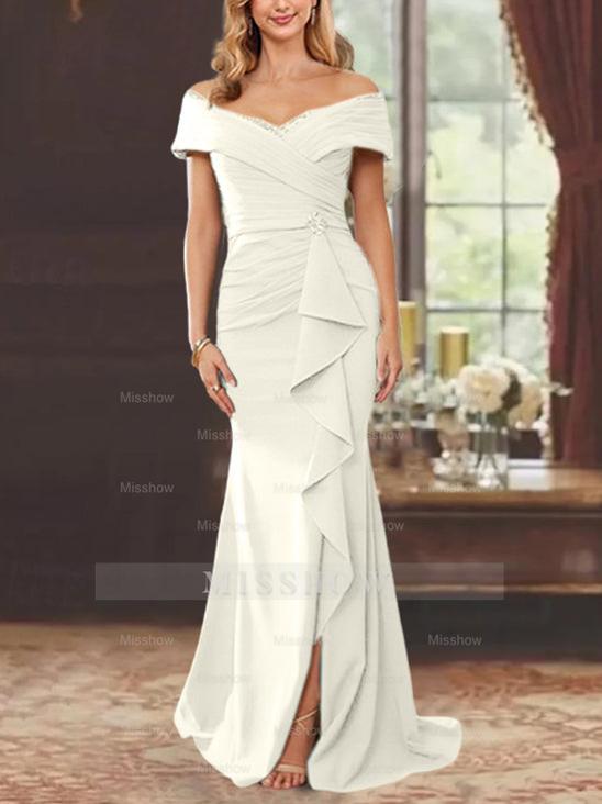 Off-the-Shoulder Ruffled Floor-Length Sheath Dress for the Mother of the Bride