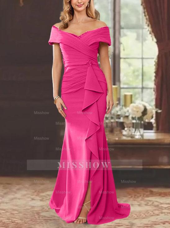 Off-the-Shoulder Ruffled Floor-Length Sheath Dress for the Mother of the Bride