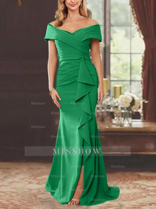 Off-the-Shoulder Ruffled Floor-Length Sheath Dress for the Mother of the Bride