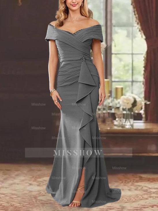 Off-the-Shoulder Ruffled Floor-Length Sheath Dress for the Mother of the Bride