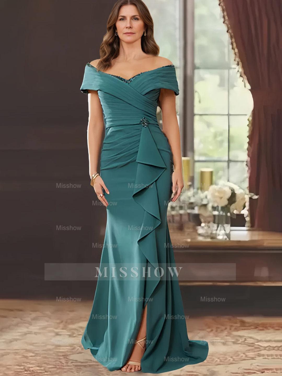 Off-the-Shoulder Ruffled Floor-Length Sheath Dress for the Mother of the Bride