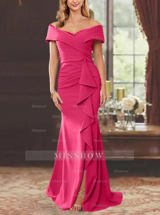 Off-the-Shoulder Ruffled Floor-Length Sheath Dress for the Mother of the Bride