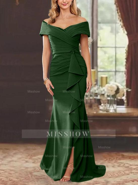 Off-the-Shoulder Ruffled Floor-Length Sheath Dress for the Mother of the Bride