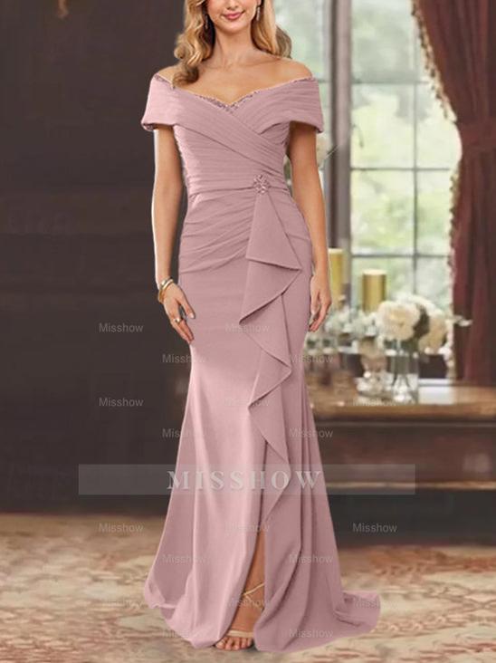 Off-the-Shoulder Ruffled Floor-Length Sheath Dress for the Mother of the Bride