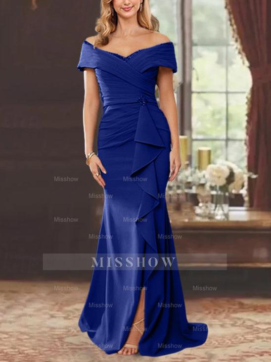 Off-the-Shoulder Ruffled Floor-Length Sheath Dress for the Mother of the Bride