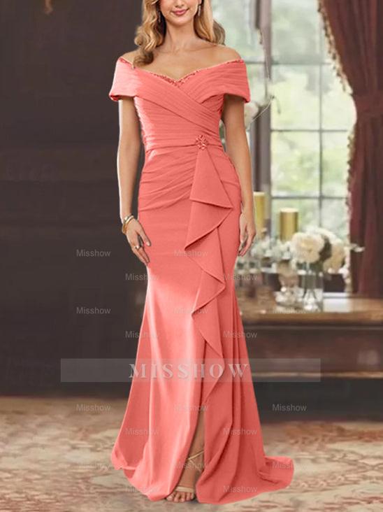 Off-the-Shoulder Ruffled Floor-Length Sheath Dress for the Mother of the Bride