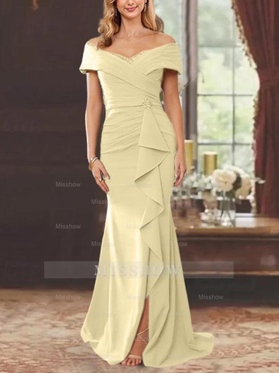Off-the-Shoulder Ruffled Floor-Length Sheath Dress for the Mother of the Bride