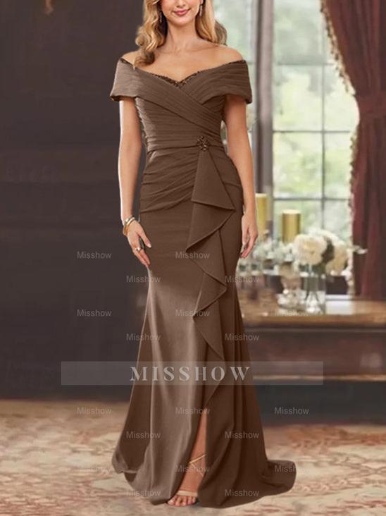 Off-the-Shoulder Ruffled Floor-Length Sheath Dress for the Mother of the Bride