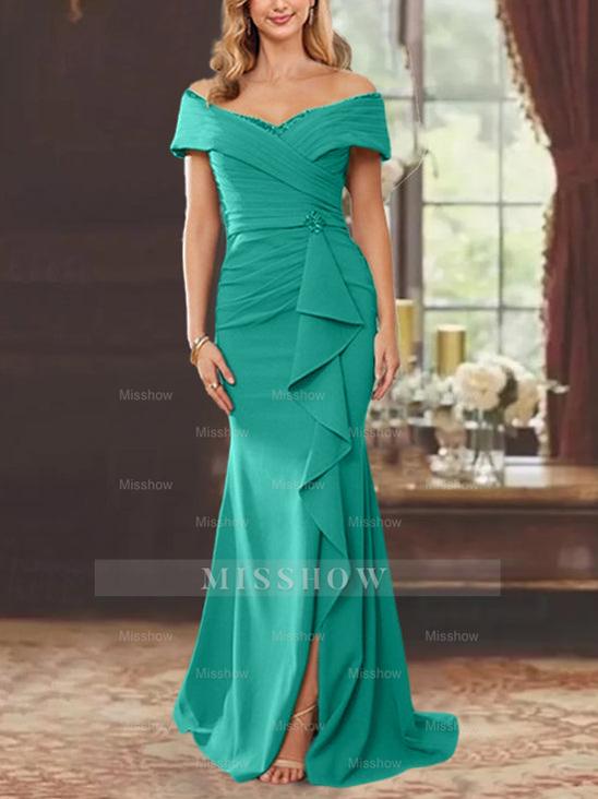 Off-the-Shoulder Ruffled Floor-Length Sheath Dress for the Mother of the Bride