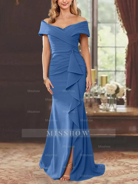 Off-the-Shoulder Ruffled Floor-Length Sheath Dress for the Mother of the Bride