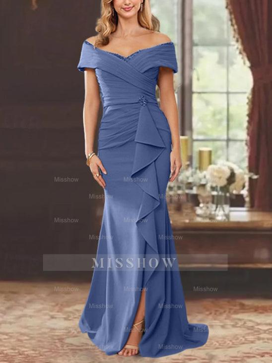 Off-the-Shoulder Ruffled Floor-Length Sheath Dress for the Mother of the Bride