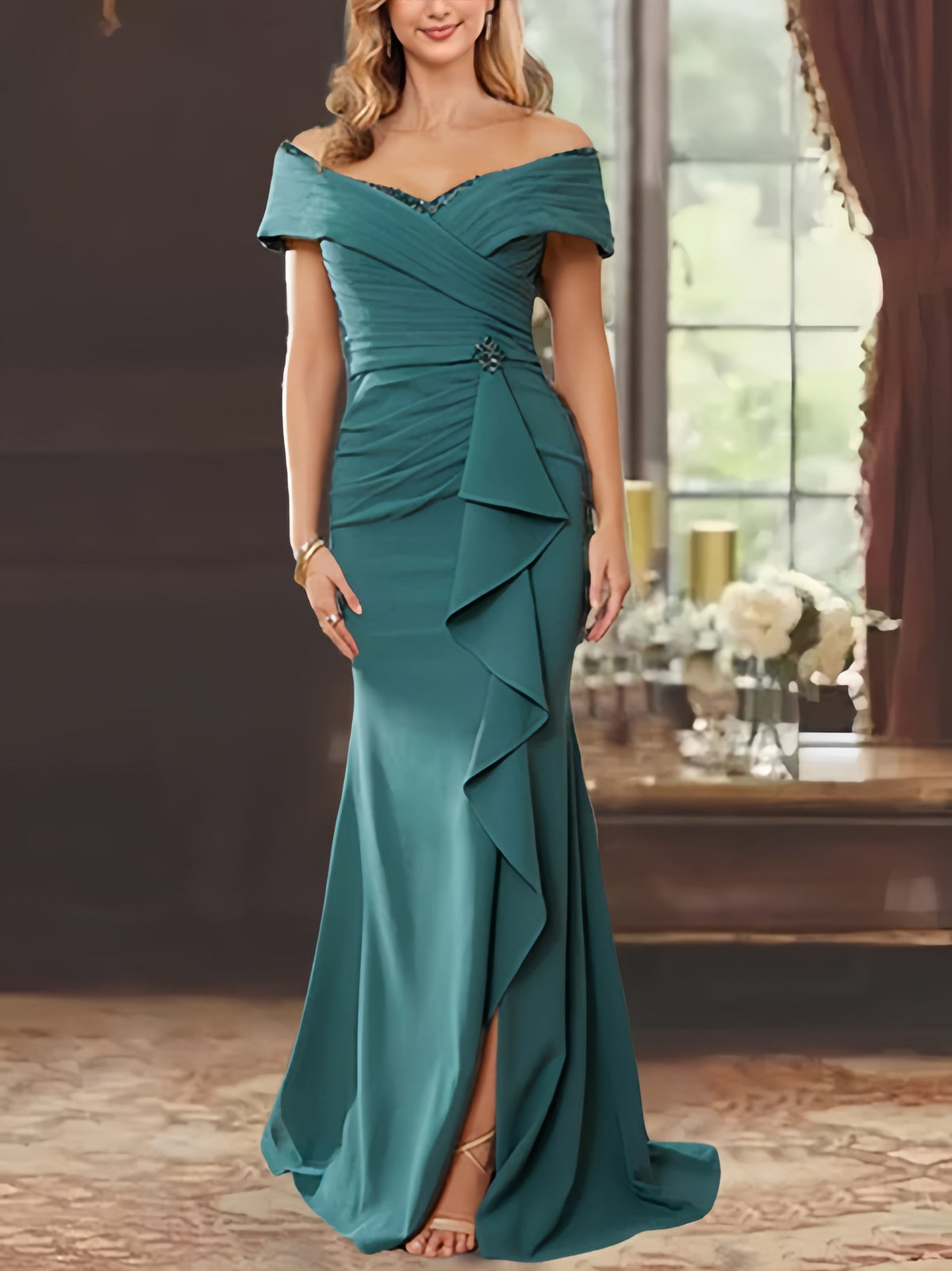 Off-the-Shoulder Ruffled Floor-Length Sheath Dress for the Mother of the Bride