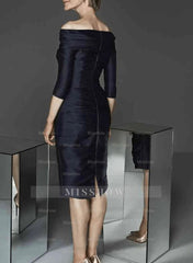 Off-the-Shoulder Satin Mother of the Bride Dress with Half Sleeves and Knee-Length Sheath