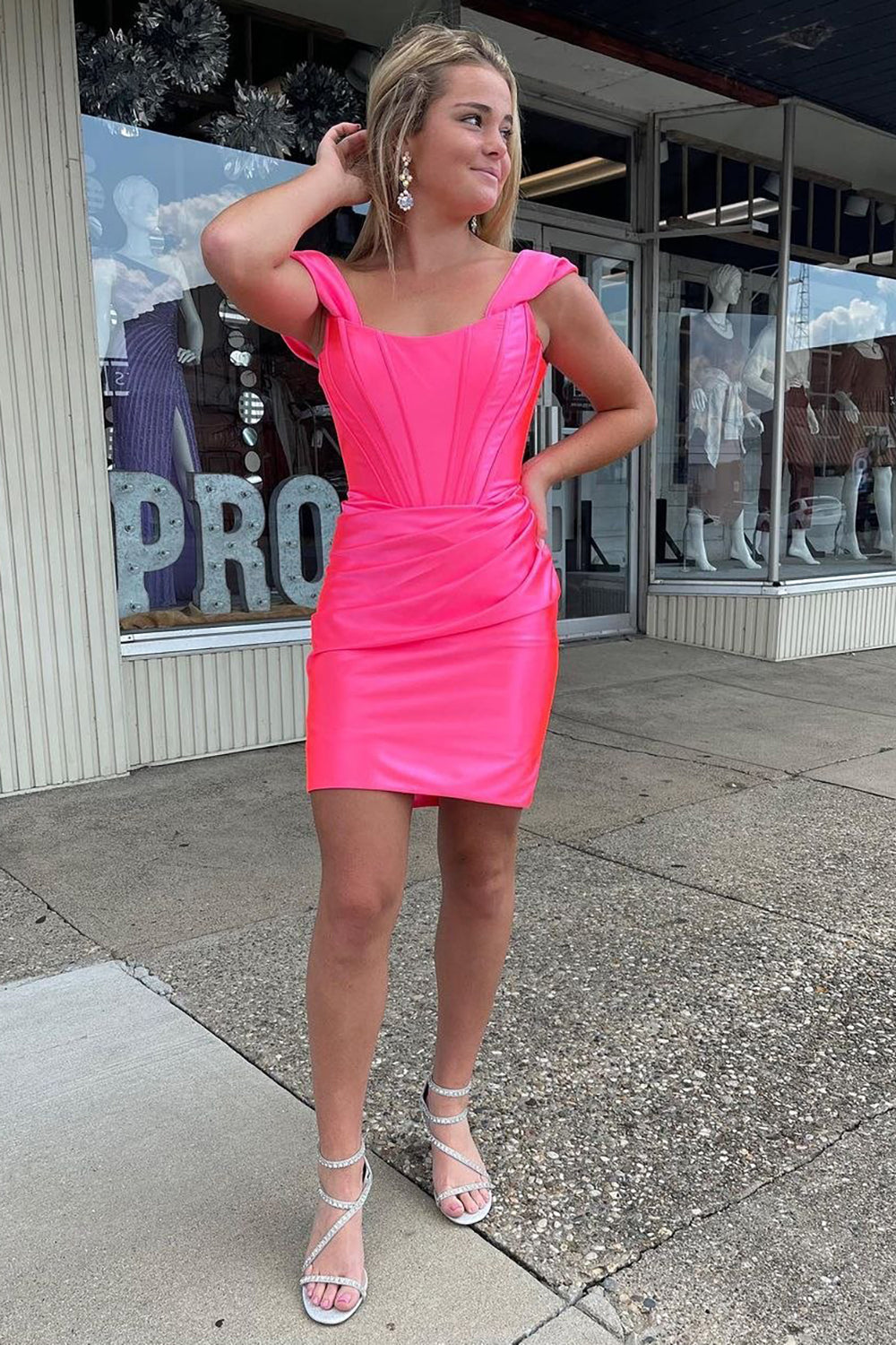 Hot pink off-the-shoulder ruched bodycon homecoming dress
