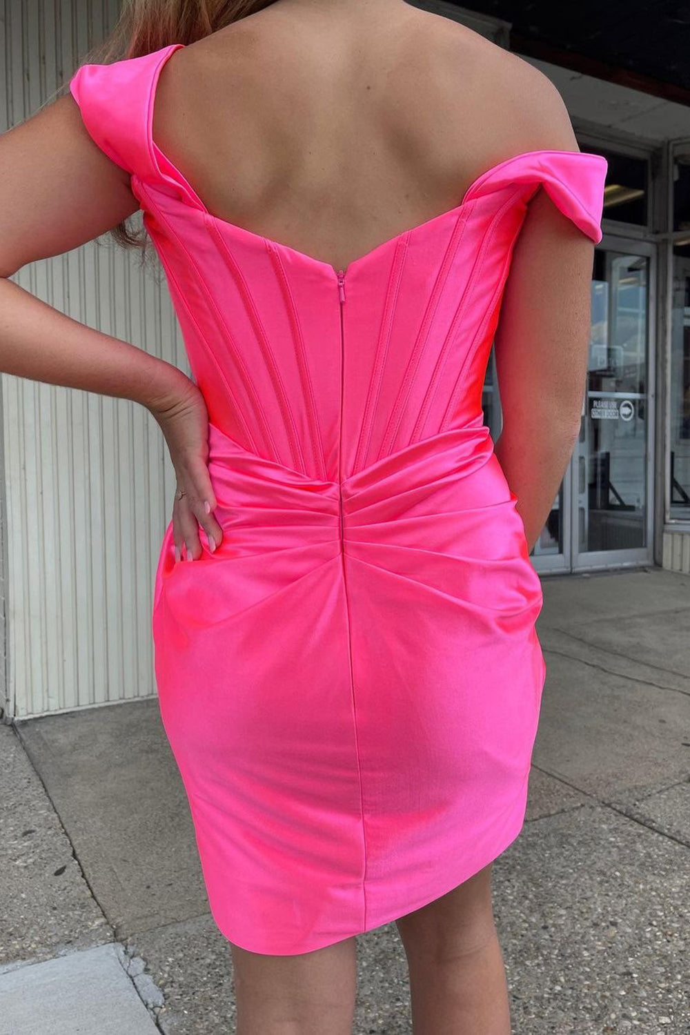 Hot pink off-the-shoulder ruched bodycon homecoming dress