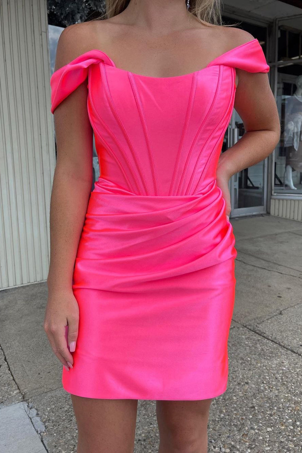 Hot pink off-the-shoulder ruched bodycon homecoming dress