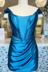 Turquoise off-the-shoulder ruched bodycon homecoming dress
